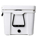 The Bob The Cooler Co. 50 QT/47.3L Hard Cooler - El Amigo by Bob - The Cooler Co. is shown against a plain white background; it features a white, hard-sided exterior with a black handle and black front drain plug, as well as a removable dry basket inside.