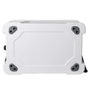 A white, rectangular Bob The Cooler Co. 50 QT/47.3L Hard Cooler - El Amigo by Bob - The Cooler Co. is shown from the bottom, featuring four black rubber feet on each corner and a plain, flat surface with slightly raised edges.