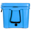 Bob - The Cooler Co. 50 QT/47.3L Hard Cooler - El Amigo in bright blue, equipped with a black handle and drain plug, and featuring a removable dry basket, shown from the front against a white background.