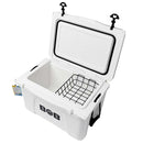A white Bob - The Cooler Co. 50 QT/47.3L Hard Cooler – El Amigo, shown with its lid open to display a removable dry basket inside and a tag attached to the handle. The inner lid features embossed "Bobs Cool" lettering, and extra-thick insulated walls provide superior cold retention for your contents.