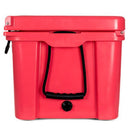 A vibrant red Bob The Cooler Co. 50 QT/47.3L Hard Cooler - El Amigo, designed with extra thick insulated walls, a sturdy black rope handle, a removable dry basket, and a black drain plug at the bottom, displayed against a white background.