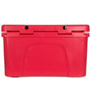 A Bob - The Cooler Co. 50 QT/47.3L Hard Cooler—El Amigo—in red plastic, features extra thick insulated walls, a closed lid secured with two black latches, and is photographed against a white background.