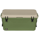 Olive 75-quart cooler by Bison Coolers with textured surface, black latches and measuring ruler on the lid.
