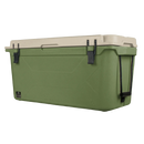 Olive 75-quart cooler by Bison Coolers with a speckled tan lid and rope handles.