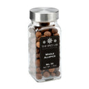 A transparent glass jar with a metal lid contains whole allspice berries—also called Jamaica Pepper or Pimenta dioica. The black label displays The Spice Lab Whole Allspice, No. 32, Net Wt. 1.5oz.