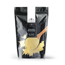 A black resealable bag labeled “The Spice Lab Ground Yellow Mustard 1 lb,” featuring an image of yellow mustard powder and a wooden spoon on the front. This package, displaying The Spice Lab branding, contains 1 lb of ground yellow mustard and is ideal for use as a BBQ seasoning or a versatile foodservice spice.
