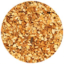 A close-up view of finely chopped orange-brown and beige granules of The Spice Lab Diced Orange Peel, resembling diced orange peel, displayed within a circular frame.