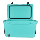 Aqua colored 50-quart cooler by Bison Coolers, featuring a lid with an embossed buffalo silhouette, open on a black background.

