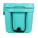 Seafoam cooler by Bison with a black handle and a black spigot.