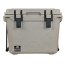 Tan 25 quart cooler by Bison Coolers with black latches and textured surface.
