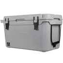 Gray 50 quart cooler by Bison Coolers with black latches and rope handles on the side.