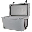 Gray 50 quart cooler by Bison, featuring a speckled texture, recessed handles, and an embossed logo.