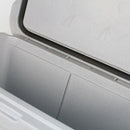 Gray 50 QT cooler by Bison, with a speckled finish and a black rubber seal.