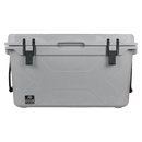 Gray 50-quart cooler by Bison, displaying textured surface with recessed logo and "Made in USA" inscription, captured in a front-facing shot.
