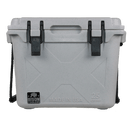 Gray 25 quart cooler by Bison, featuring a textured surface, embossed design, and black hardware.