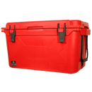 Red 50 quart cooler by Bison, featuring black latch closures and a durable shell.