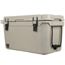 Tan 50 quart cooler by Bison Coolers with black latches and rope handle.