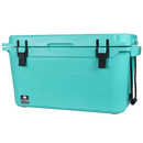 Seafoam-colored 50-quart cooler by Bison Coolers, featuring black latches and rope handles.