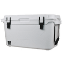 White 50 quart cooler by Bison Coolers with black rubber latches and rope handle.