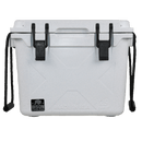 White 25-quart cooler by Bison Coolers with black latches and rope handles, speckled texture.