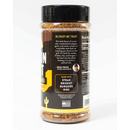 A Chiles and Smoke Canyon Crust Beef Seasoning bottle labeled "In Crust We Trust" features text describing it as the ultimate BBQ rub for beef, ideal for steak, brisket, burgers, and ribs. The container includes ingredient details, a chef’s endorsement, and a US flag to indicate it’s made in the USA.