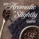 A spoon and bowl filled with The Spice Lab Himalayan Pink Salt Coarse & Organic Black Tellicherry Peppercorns Combo Pack rest on a dark napkin. Text reads: Very aromatic and slightly sharper.