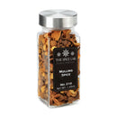 A clear glass jar with a silver lid holds The Spice Lab Mulling Spice, ideal for creating mulled wine or spiced apple cider. The black label displays “The Spice Lab Mulling Spice No. 210 Net Wt. 1.45oz,” and the enticing blend of spices is visible inside the jar.