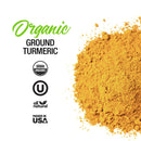 A pile of The Spice Lab Organic Ground Turmeric powder on a white background with labels: USDA Organic, Kosher, All Natural, and Packed in USA—perfect for Indian cooking.