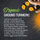 Golden turmeric powder from The Spice Lab Organic Ground Turmeric is scattered on a dark surface next to whole turmeric roots and slices. The text highlights this organic turmeric’s vibrant uses and rich, earthy flavor profile in Indian cooking and broader Asian cuisine.
