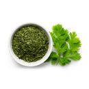 A small white bowl filled with The Spice Lab Whole Leaf Cilantro sits next to a sprig of fresh cilantro on a white background, highlighting the vibrant color and texture of this premium bulk product from The Spice Lab.