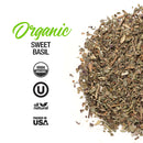 A heap of The Spice Lab Organic Sweet Basil, ideal for Italian-inspired dishes or enhancing poultry seasoning, is presented alongside text and symbols highlighting: USDA Organic, kosher, all natural, packed in the USA—all on a clean white background.