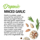 A garlic bulb, cloves, scallions, and rosemary are arranged on a white background alongside text highlighting the uses and bold flavor of The Spice Lab Organic Minced Garlic—perfect for adding rich taste to everything from avocado toast to classic savory dishes.
