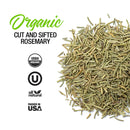A pile of cut and sifted rosemary from The Spice Lab is displayed with text: The Spice Lab Organic Cut and Sifted Rosemary, USDA Organic, Certified Kosher, All Natural, and Packed in USA logos on a white background. This organic dried rosemary from The Spice Lab is perfect for enhancing the flavor of your favorite dishes or using as a classic addition to lamb recipes.