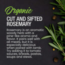 Sprigs of fresh rosemary and peppercorns rest on a dark background. The text highlights The Spice Lab Organic Cut and Sifted Rosemary, describing its versatility in various dishes and emphasizing how perfect this organic dried rosemary from The Spice Lab is for lamb or tomato-based foods.