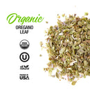 Loose dried oregano leaves appear beside the words “The Spice Lab Organic Oregano Leaf,” along with icons for USDA Organic, Kosher, All Natural, and Packed in USA on a white background—an essential ingredient for Italian and Mediterranean cuisine.