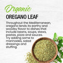 A bowl of The Spice Lab Organic Oregano Leaf sits beside fresh oregano sprigs. Text highlights the earthy flavor of this essential herb from The Spice Lab and its key role in Mediterranean and Italian cuisine, suggesting its use in beans, soups, stews, pastas, sauces, marinades, salad dressings, and stuffing.