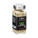 A clear glass jar with a metal lid labeled The Spice Lab Organic Ground Black Pepper contains 1.8 oz (51g) of organic ground black pepper made from premium organic peppercorns. The jar has a black label with white and green text, making it perfect for enhancing your favorite seasoning blends. This product is from The Spice Lab brand.