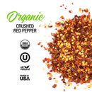 A pile of The Spice Lab Organic Crushed Red Pepper Flakes, ideal for pizza seasoning and Italian cooking, is shown beside text and symbols highlighting USDA organic, kosher, all natural qualities, and that it is packed in the USA.