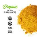 A vibrant mound of The Spice Lab Organic Indian Curry Powder is displayed on a white background, accompanied by text: “The Spice Lab Organic Indian Curry Powder,” emphasizing the rich and authentic flavors of this traditional curry blend. USDA Organic, Kosher, All Natural, and Packed in USA logos are featured beside this quality seasoning from The Spice Lab.