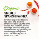 Overhead view of The Spice Lab Organic Smoked Paprika powder in small bowls, surrounded by scattered chili peppers, with text highlighting its smoky-sweet flavor and versatile uses—perfect for enhancing BBQ rubs—on a light background.