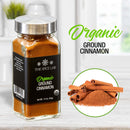 A glass jar labeled The Spice Lab Organic Ground Vietnamese Saigon Cinnamon sits on a counter. Next to it, a circular inset displays cinnamon sticks and ground cinnamon, hinting at the rich flavor of high-oil Saigon cinnamon. The words The Spice Lab Organic Ground Vietnamese Saigon Cinnamon are written at the top right.