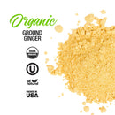 The Spice Lab Organic Ground Ginger, a versatile baking spice from The Spice Lab, scattered on a white background, with text and icons indicating it is USDA organic, certified kosher, all natural, and packed in the USA.