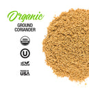 The Spice Lab Organic Ground Coriander by The Spice Lab is shown heaped on a white background, with labels highlighting its Organic, USDA Organic, and All Natural certifications, and noting that it’s packed in the USA—perfect for spice blends and an essential ingredient in Indian cooking.