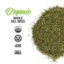 A pile of The Spice Lab Organic Whole Dill Weed is displayed on a white background. Text highlights USDA Organic, Kosher, all natural, and Packed in USA icons. Perfect for making classic tzatziki or adding a fresh flavor to your favorite recipes.