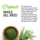 A bowl of The Spice Lab Organic Whole Dill Weed and a sprig of fresh organic dill weed are displayed on a white background, with text highlighting the herb’s delicate flavor and its versatility in salads, yogurt dips like tzatziki, egg dishes, and soups.