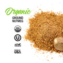A heap of The Spice Lab Organic Ground Nutmeg and a whole nutmeg are pictured with labels: The Spice Lab, USDA Organic, All Natural, Packed in USA, plus certification icons on a white background—ideal for holiday baking or bringing warm spice to your favorite eggnog.