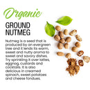 The Spice Lab Organic Ground Nutmeg by The Spice Lab is displayed alongside whole nutmeg seeds and green leaves on a white background, accompanied by text highlighting its versatile flavor in a variety of dishes, from traditional holiday baking to creamy eggnog.
