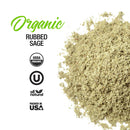 A pile of The Spice Lab Organic Rubbed Sage, perfect as sage for stuffing or poultry seasoning, with text: The Spice Lab Organic Rubbed Sage, USDA Organic, Kosher, All Natural, Packed in USA.