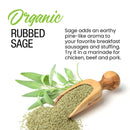 A wooden scoop of ground sage from The Spice Lab Organic Rubbed Sage spills onto a white surface beside fresh sage leaves. Text highlights the earthy, pine aroma of this organic seasoning and suggests its classic uses as a poultry seasoning or in stuffing, as well as for flavoring chicken, beef, pork, sausages, and more.