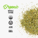 A pile of dried thyme on a white background with the words “The Spice Lab Organic Whole Thyme” and certification icons for USDA Organic, Kosher, all natural, and packed in USA. Perfect for seasoning blends and essential in French, Italian, and Mediterranean cooking.